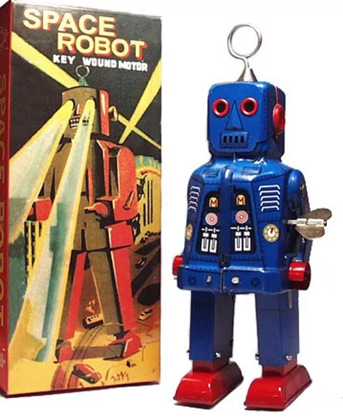 Sparky Space Robot Tin Toy Windup BLUE Space Toy