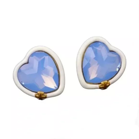 Tory Burch crystal heart large Logo white stud earrings