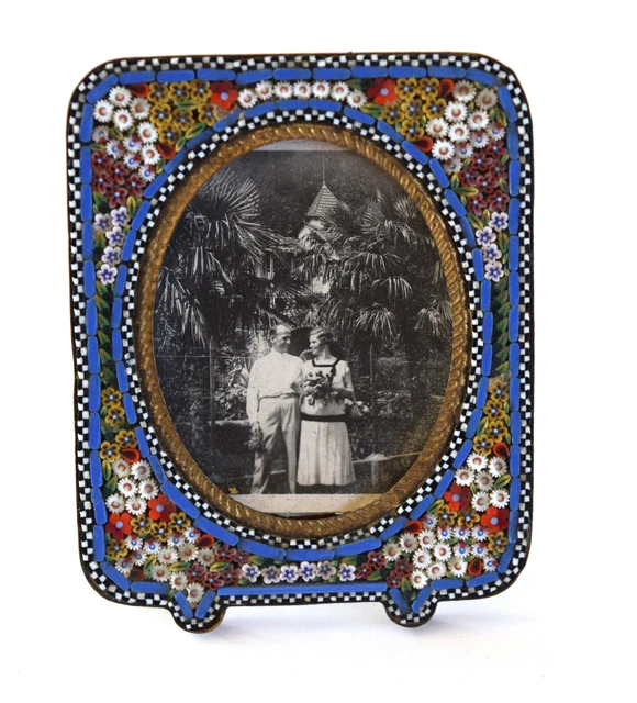Antique Italian Gold Tone Floral Micro Mosaic Picture Frame