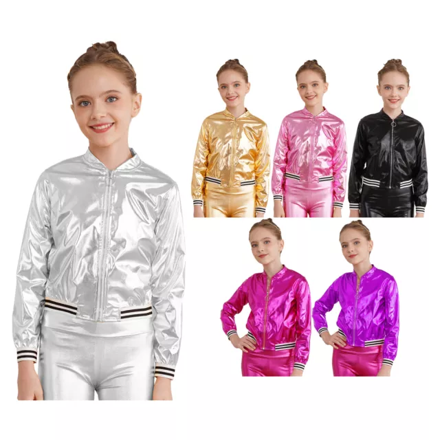 Kids Girls Shiny Metallic Hip Hop Jazz Dance Tops Long Sleeve Jacket Outerwear