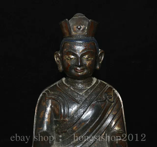 10.8"Antiker Alter Tibet Buddhismus Bronze Lama Guru Meister Buddha Lotus Statue 2