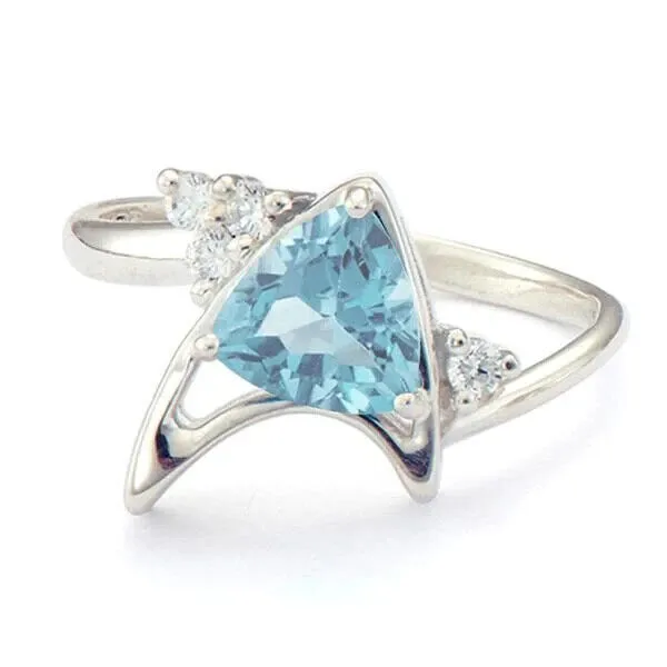 14K White Gold Plated Trilliant Cut Lab Created Blue Topaz Women Star Trek Ring