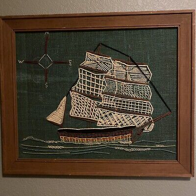 Goleta de colección velero grieta hilo enmarcado arte de pared sobre arpillera MCM 21"" X 25"" nuevo