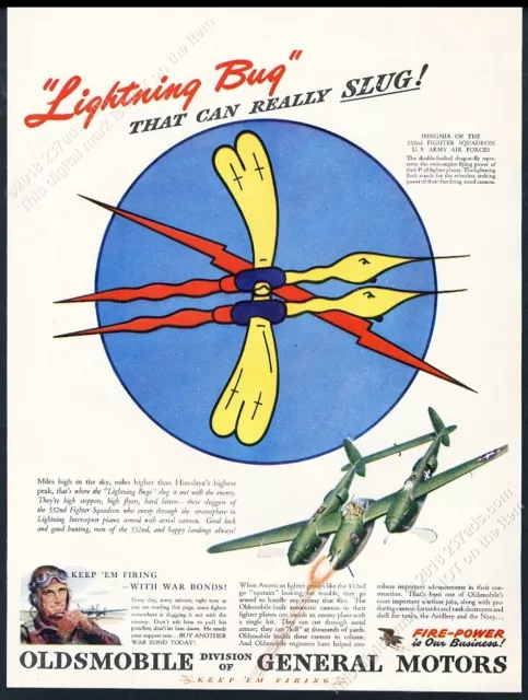 1944 Disney lightning bug art 332nd fighter squadron USAF WWII Olds vtg print ad