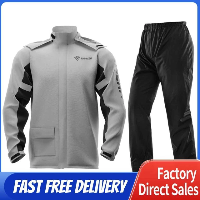 SULAITE Reflective Motorcycle Rain Jacket+Pants with Shoe Covers Grey (L)