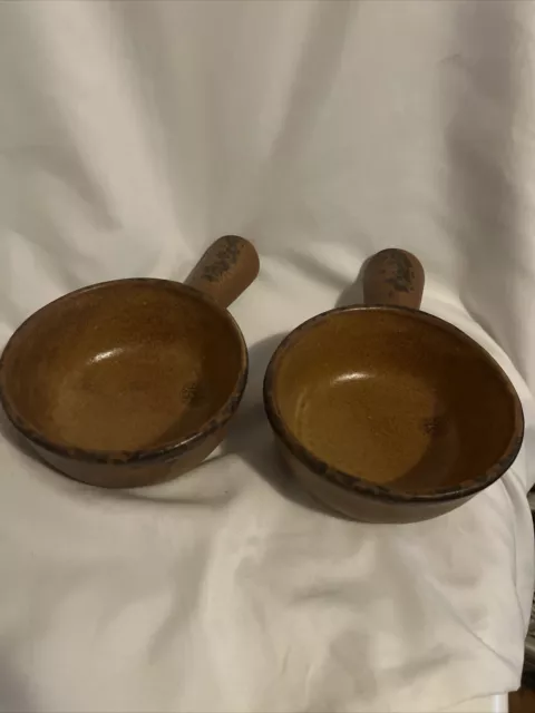 Set of 2-McCoy Pottery #7050 Matte Brown & Drip Glaze Soup/Chili Bowl Handle USA