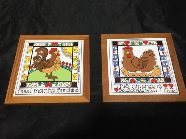 Susan Marie McChesney Rooster Hen Good Morning Sunshine Ceramic Tile Set 1982