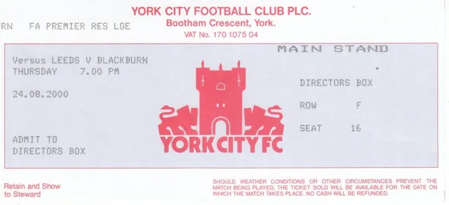 Ticket - Leeds United Reserves v Blackburn Rovers Reserves 24.08.00 @ York City
