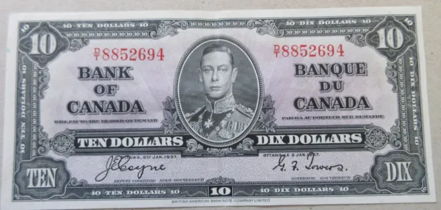 1937 Bank of Canada Ten Dollar Bill. $10 EF NICE GRADE Bank Note (PS5-E)