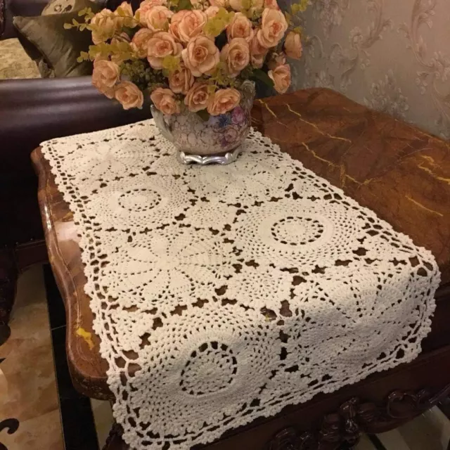 Vintage Cotton Hand Crochet Table Runner Flower Tablecloth Lace Doily Wedding