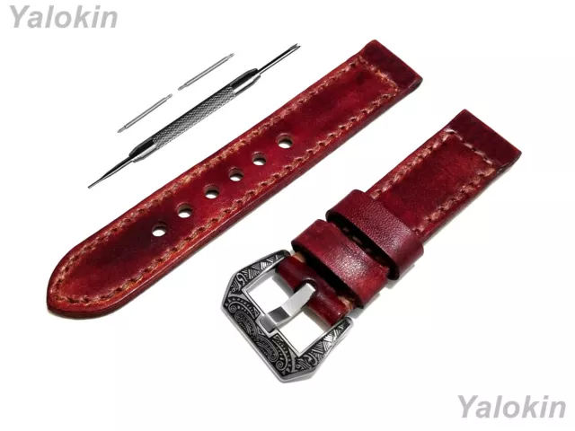 Burgundy Brushed 18mm-25mm Double Stitched Leather Band Strap for Watches