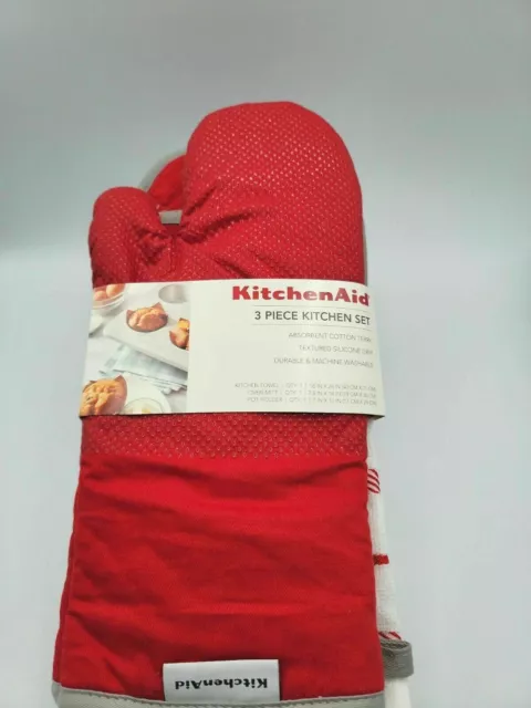 Kitchen Aid 3 Piece Kitchen Set Kitchen Towel Oven Mitt Potholder NEW Red