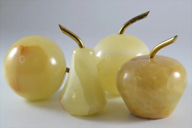 Vintage Alabaster, Onyx ,Marble Carved Fruit Lot Of 4 Apple Pear Mango , 2.5"