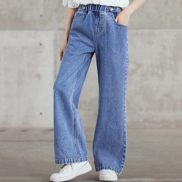Bambine Jeans Elastico Vita Dritto Gamba Larga Jeans Pantaloni 3-13 Anni