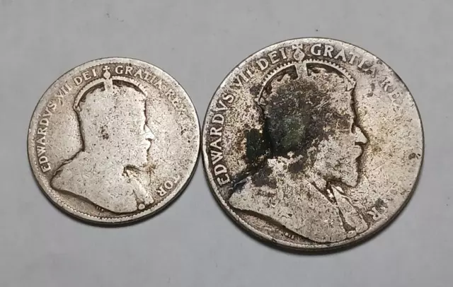 1910 Canada 25 and 50 Cents Silver Coins - Edward VII - Quarter and Half Dollar