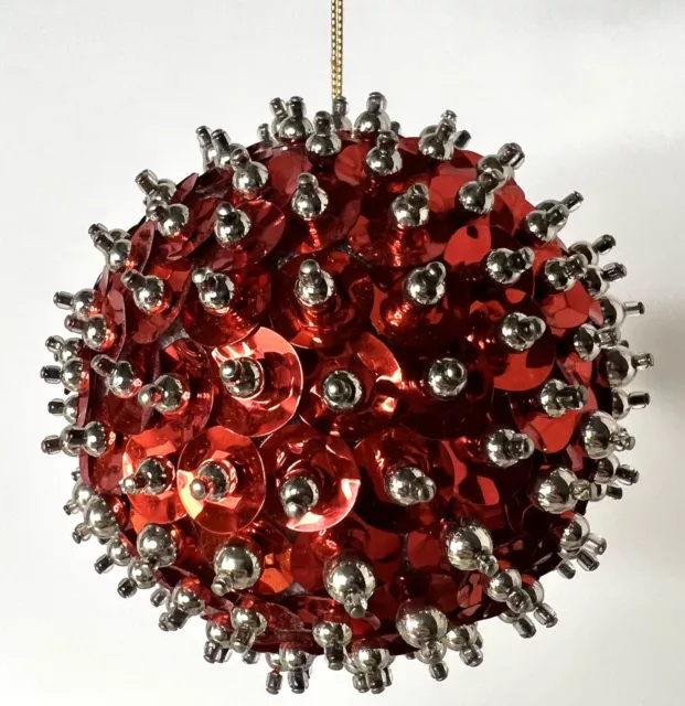 Push Pin Silver Beaded Red Sequins Sputnik Ornament Handmade Mid Century 3.5”