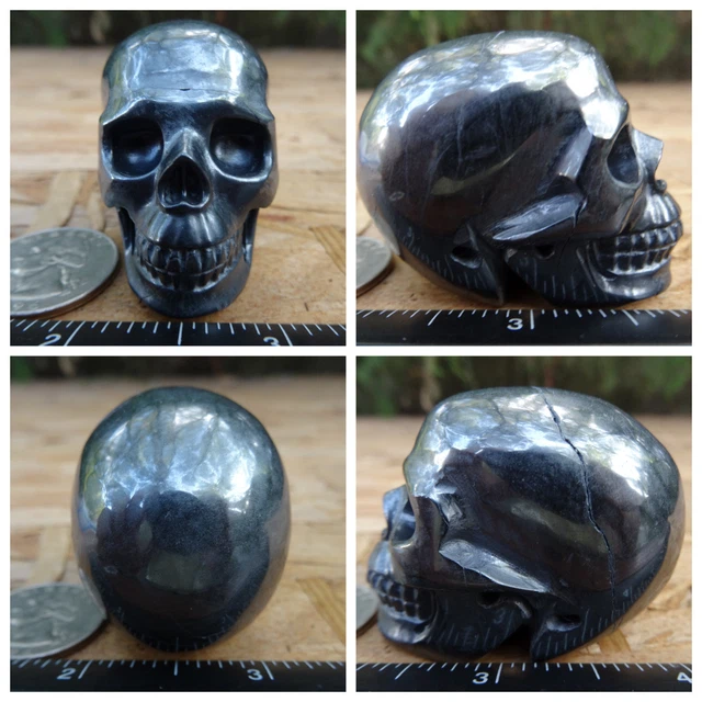 2.02" Hematite Skull Carved Stone 186.8g 6.6oz Crystal Healing Realistic