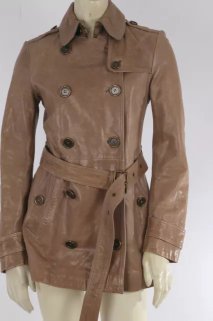 BURBERRY BRIT Brown Leather Collared Double Breasted Belted Trench Coat Size 2