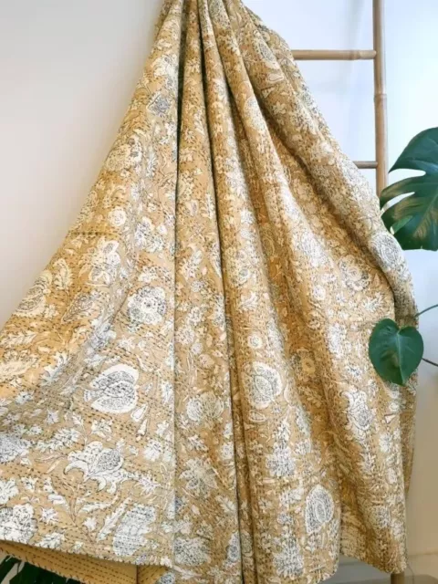 Indien Beige Floral Reine Taille Kantha Coton Matelassé Couverture Vintage
