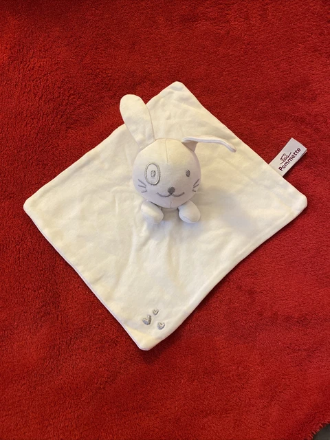 🇫🇷Doudou Bio Lapin Blanc Gris Cœurs Brodés POMMETTE NEUF