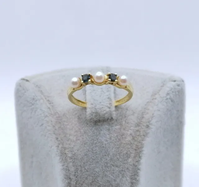 Ring Gold 585er mit Perlen und Saphiren, 14 Karat Gold Perlenring, Damenring