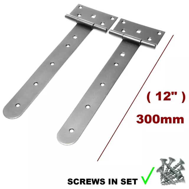 PAIR 300 mm ( 12" ) Tee Hinge Silver Galvanised Heavy Duty Strap T Gate SLOO