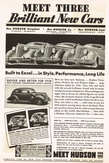 1937 Vintage Hudson 1938 Terraplane Six Eight Coach Models Car Art Print AD