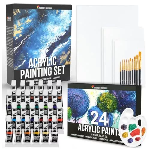 Zenacolor - Kit de Peinture Acrylique (40 pièces) - 24x12ml Peintures- Avec 5