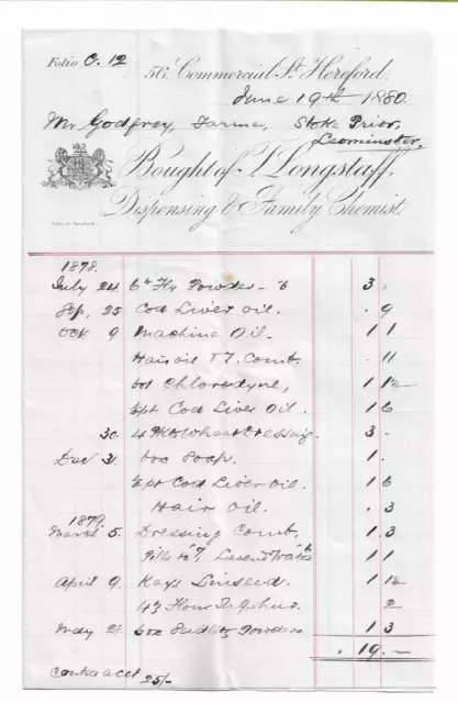1880 J Longstaff, Family chemist. 56 Commercial street Hereford invoice, receipt