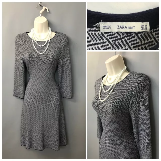 Zara Knit Women's Navy White Mix Knitted Warm Dress Medium