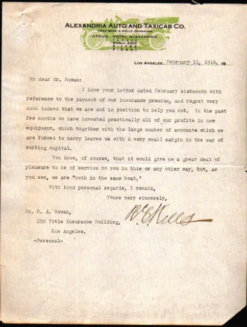1914 Los Angeles - Alexandria Auto and Taxicab Co - Owen Brothers - Letter Head