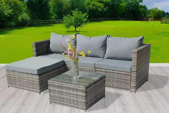 Garden Rattan Furniture Set Corner Sofa 4 Seaters Glass Coffee Table Patio Grey