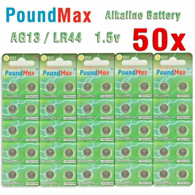 50 X AG13 LR44 SR44 L1154 A76 1.5V PoundMax ALKALINE BUTTON BATTERIES