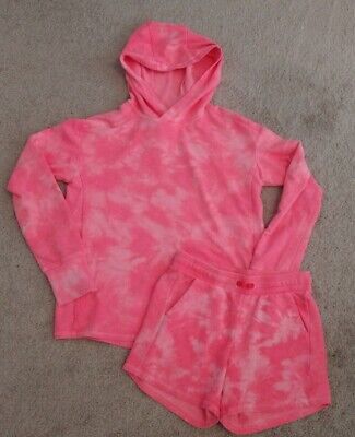 Girls 2Pc All In Motion Tie Dye Set Coral Hoodie 10/12 Shorts 7/8 Stretch Cotton
