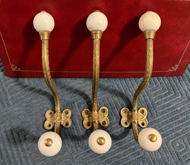 Antique Victorian Brass & Porcelain Coat Hooks Beautiful Original Condition 1895