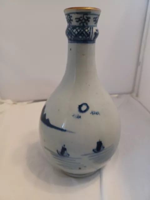 VINTAGE BLUE/WHITE HAND PAINTED VASE-HOME, LAKE, BOATS, Foliage