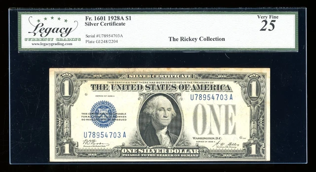 DBR 1928-A $1 Silver Funnyback Fr. 1601 UA Block Legacy 25 Serial U78954703A