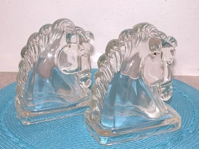 Vintage 1936 Art Deco Federal Pressed Glass Clear Horse Head Bookends Book Ends