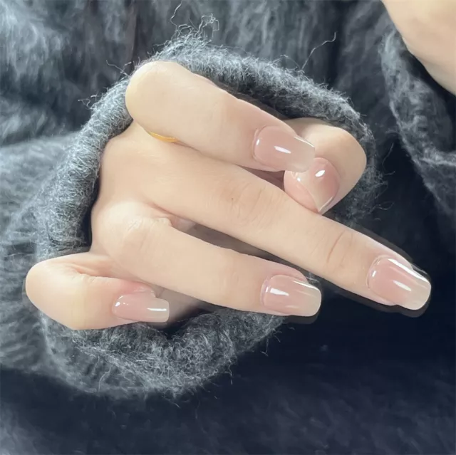 Hecho a mano Hielo de uñas falsas a través del rosa Prensa cuadrada en uñas para arte de uñas 10 PIEZAS