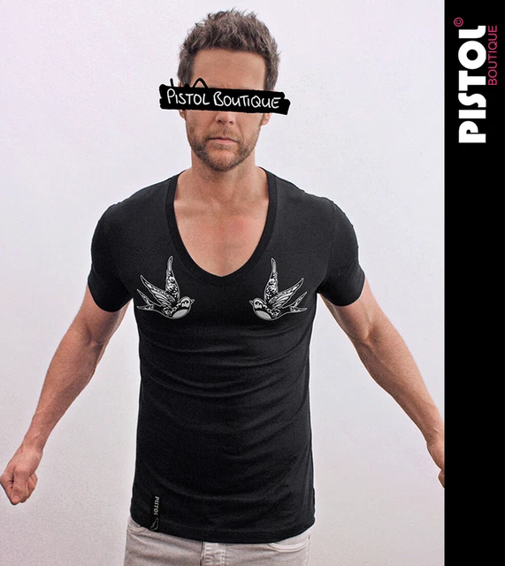 T-shirt Pistol Boutique Homme Col V Profond - Motif Hirondelles Tatouage, Blanc, Taille Ajustée