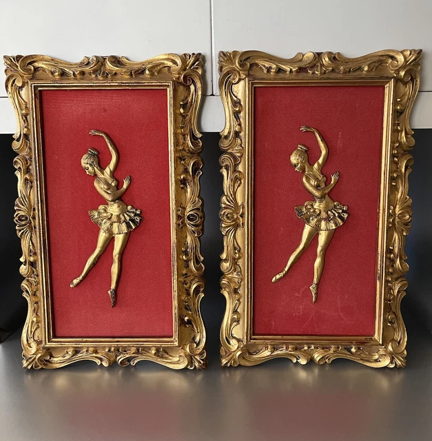 Vintage Depose Italy Victorian Ballerina Dancers Wall Hanging Red Velvet Pair
