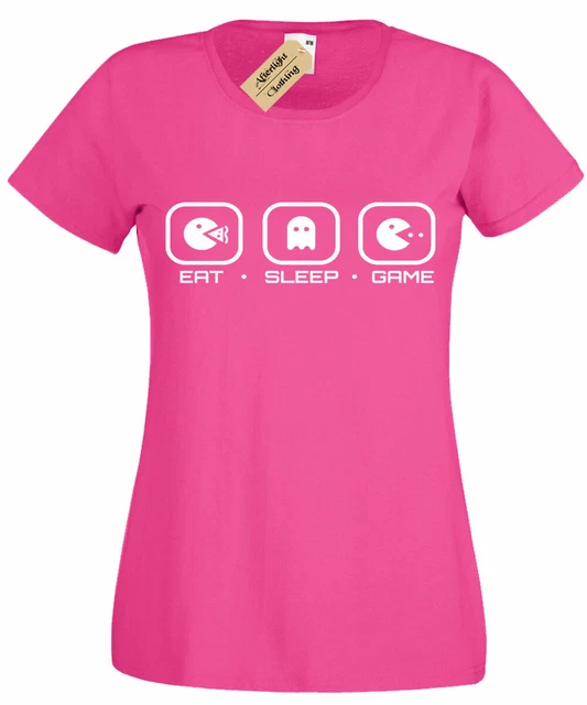 T-shirt donna Eat Sleep GAME ghost gamer divertente geek nerd donna retrò