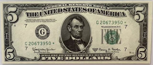 1950-E Star $5 Federal Resrve Note, Chicago,Il, Fr-1966-G*, Pmg Gem-65 Epq!