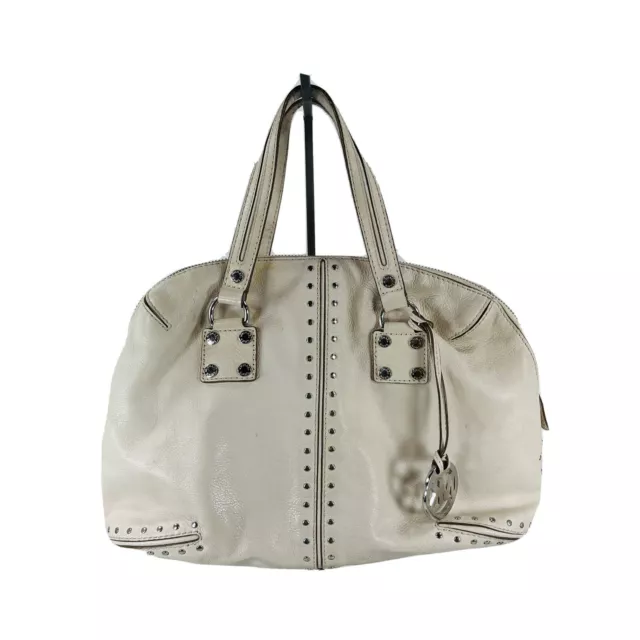 Michael Kors Astor Ivory  Leather Satchel Bag With Metal Studs