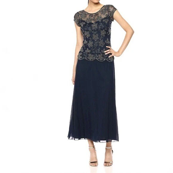 NEW Pisarro Nights 14 Beaded Overlay Chiffon Short Sleeve Maxi Dress Gown