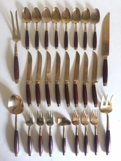 Vintage Mid Century Modern Thai Brass Wood Flatware Serving 27Pc Boxed Set