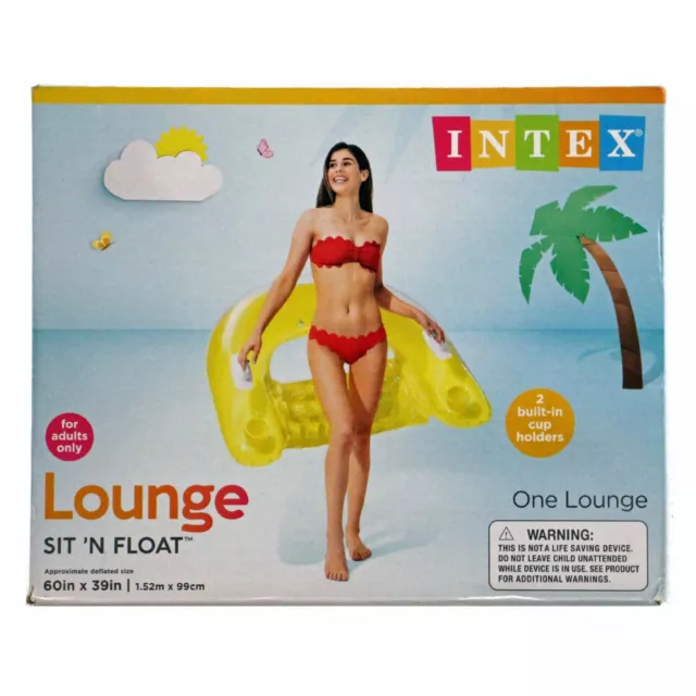 Intex Vinyl Adult Inflatable Floating  Lounge Tube 60"x 39" Yellow 2 Cup Holders