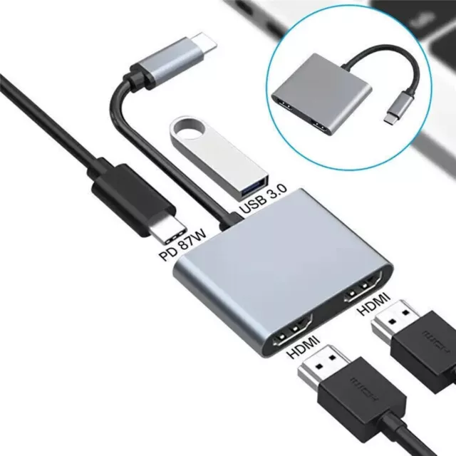 USB C Hub 2/4 in 1 Adapter USB 3.0 Port 2x HDMI 4K Dual Monitor PD-Port MacBook