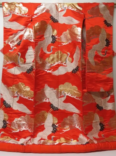 2304T05z4140  Japanese Kimono Silk UCHIKAKE Flying crane Tomato red