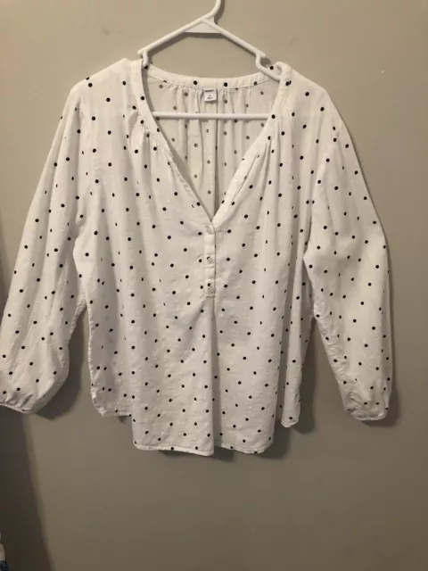 Old Navy Black White Polka Dot Split Neck Tunic Blouse Womens XL Long Sleeve